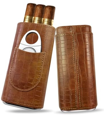 BORDEAG Cigarrfodral för 3 cigarrer, läder cigarrfodral, humidor cigarrer med cigarrskärare, resecigarrfodral bärbart med cederträ, cigarrfodral för resor korta resor