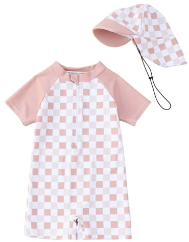 Traje de baño UV para bebé con sombrero para el sol UPF 50+ ropa protectora con cremallera UV traje de manga larga dibujos animados de una pieza unisex traje de baño para niños niñas, F01 Rosa, 6-12