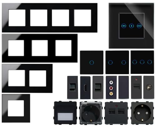 WLAN Touch Lichtschalter Wechselschalter Dimmer Serienschalter Steckdose | LED beleuchtet | Alexa/Google Home kompatibel | Glasrahmen | schwarz | LUXUS-TIME (Rahmen 3-Fach)