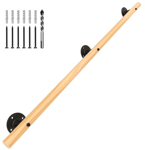 6 FT Wood Handrails for Indoor Stairs, Wall-Mounted Staircase Handrails for Indoor Outdoor Steps, Non-Slip Stairs Railing Indoor for Kids, Elderly, Pregnant Women, Disabled (Round Wood)