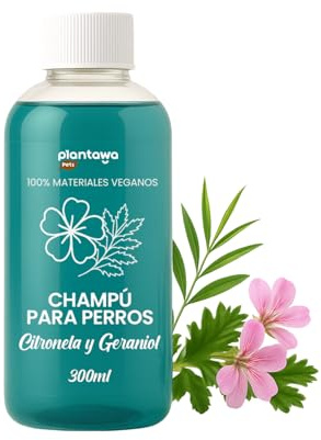 PLANTAWA Champú para Perros Citronela y Geraniol 300ml | Champú Perros Piel Sensible e Hipoalergénico | pH Neutro Hidratante | Pelo Suave y Brillante | Fórmula Vegana