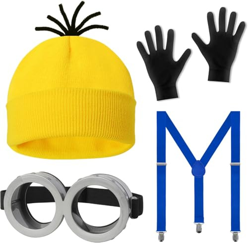 QTUN 4 Stück Gelbes Kostüm Set für Erwachsen, Film Kostüme Zubehör Enthalten Mütze Goggles Handschuhe und Hosenträger für Halloween Karneval Kostüm Party Cosplay
