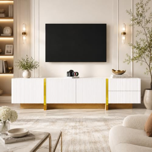OLIVIBED 190 cm TV-Schrank, TV Lowboard mit 3 Türen und 2 Schubladen, Hochglanz Lowboard, Fernsehertisch für Fernseher bis 85 Zoll, Fernsehkommode für Wohnzimmer, 190x35x45cm, Weiß