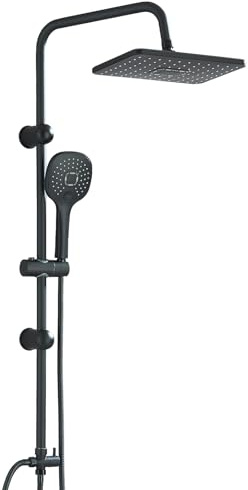 LLFFSSDG Columna de Ducha Fija con Grifo Monomando - Set de Ducha Lluvia Rectangular 29x19cm Negro - Kit Completo con Alcachofa de Mano y Panel de Lluvia - Acero Inoxidable y Latón