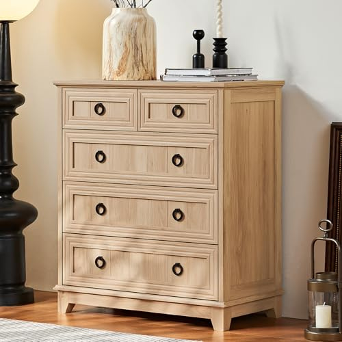 Joaxswe Farmhouse 5 Drawer Dresser for Bedroom, 33.2 Tall Small Dressers & Chest of Drawers, Rustic Wood Dresser with Metal Handle, Storage Organizer Closet for Living Room, Hallway, Entryway