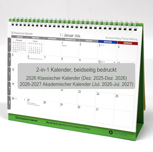 AGGAFA 2-in-1 Tischkalender 2026–2027, größere Schrift & mehr Platz zum Schreiben, doppelseitiger Kalender mit akademischem & traditionellem Jahr, Mondphasen und Feiertagen (Dez 2025–Jul 2027)