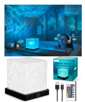 Kleqop Rechargeable Shower Light Cube, 16 Color Ocean Wave Projector Light Battery Operated, Waterproof Shower Mood Lamp with Remote | 16 Colors, No Wiring, Waterproof, Remote & Touch Control, Water Ripple Lamp Cordless for Bathroom, Bathtub, Bedroom, Relaxing