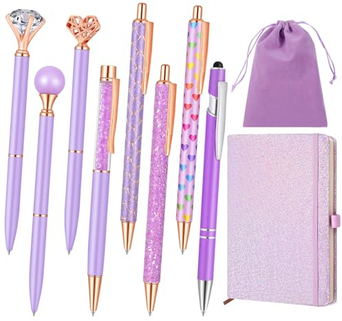 PrintPulse 10 Pcs Pen Set, Metal Crystal Diamond Black Ink Pens and A5 Glitter Journal Notebook, Cute Office Supplies for Women, Back to School Supplies for Girls Birthday