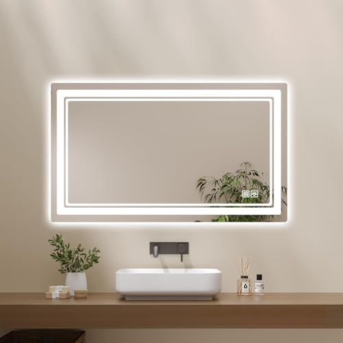 BUBFUL Badspiegel mit Beleuchtung 80 × 60cm, Badezimmerspiegel Beleuchtet Beschlagfrei LED Bad Spiegel mit Touch Schalter, 3 Lichtfarben Dimmbar Speicherfunktion, Badezimmer Wandspiegel IP44