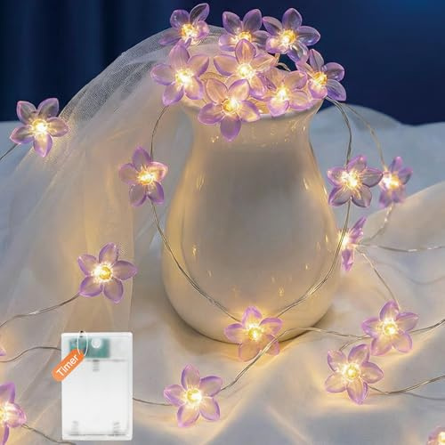 Afaiup Catena di luci a LED a forma di giglio, 2 m, con 20 micro LED, luce bianca calda, per interni, funzionamento a batteria con timer, ghirlanda di fiori per decorazione della stanza, primavera