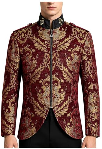 Herr Royal Court brokadjacka med guld jacquard och broderad stativkrage, viktoriansk militärband uniform, rock, steampunk regency blazer för bröllop, halloween och scenframträdande