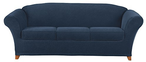 SureFit Stretch Pique Sofa Slipcovers, 4-Piece Sofa Cover and Cushion Covers for a Secure Fit, Machine Washable Geometric Patterned Cushion and Sofa Covers, Navy
