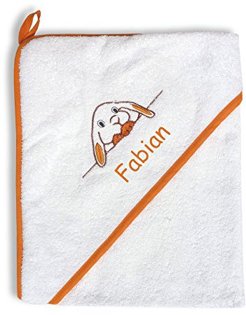 Badekapuzentuch mit Motiv personalisiert, Baby Badehandtuch mit Tiermotiv und Name auf Kapuze, 100% Baumwoll, Kinder Kapuzenhandtuch individuell Bestickt mit Text, Warm und kuschelig! (Orange)