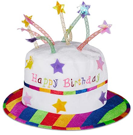 Relaxdays Gorro Cumpleaños, Sombrero Tarta de Peluche con Velas, Para Fiestas, Poliéster, 1 Ud., Blanco y Multicolor