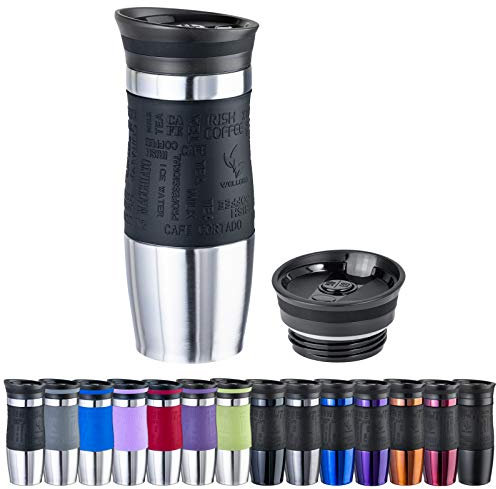 WELLGRO Thermobecher 400 ml + 1 Extradeckel - Edelstahl rostfrei - Silikon Soft-Touch Griffstück - BPA-frei - Isolierbecher doppelwandig - Travel Mug - Kaffeebecher to go, Farbe:Schwarz