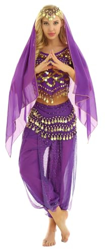 Yeahdor Damen Bauchtanz Kostüm Set Pailletten Bauchtanz Oberteil mit Mützen Haremshose Hüftschal Schleier Karneval Fasching Cosplay Party Verkleidung