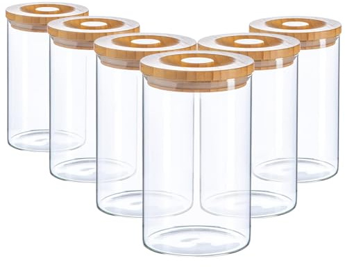 Argon Tableware Scandi Storage Jars with Wooden Lids - 1000ml - 6 Pack - Modern Round Organisation Container Glass Jar for Kitchens, Pantry, Bathrooms, Utility Rooms