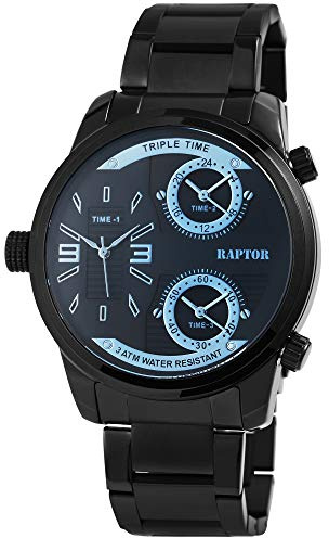 Raptor Herren-Uhr Edelstahl Armband Faltschließe 3 Zeitzonen Analog Quarz RA20296 (schwarz/schwarz)