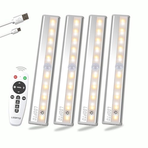 Schrankbeleuchtung LED mit Fernbedienung 4 Stück Schranklicht Schrankleuchte Led Leiste Batterie USB Wiederaufladbar Unterbauleuchte Küche für Kleiderschrank, Treppe, Kofferraum, RV