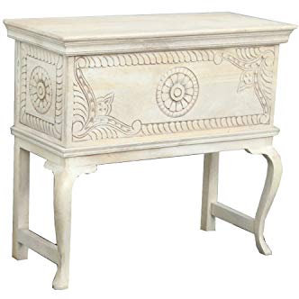 Orientalische Konsole Sideboard Truhe Davud 90cm Weiß | Orient Vintage Konsolentisch orientalisch handgeschnitzt | Landhaus Anrichte aus Holz massiv | Asiatische Deko Möbel aus Indien