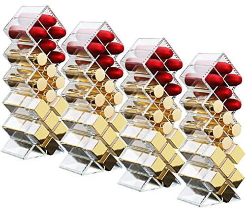 Cedilis 4 Pack Acrylic Lipstick Holder Organizer, 64 Slot Clear Lip Gloss Storage Organizer, Fish Shape Lipstick Display Stand Tower for Cosmetic Makeup and Dresser Display