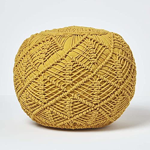 Homescapes Häkel-Pouf, senfgelb, rundes Bodenkissen 35 x 40 cm in Boho Style, dekorativer Fußhocker in Makramee-Optik, gehäkelter Puff aus 100% Baumwolle, Häkelpuff/Strickhocker