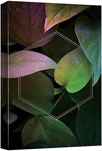 NWT Canvas Print Wall Art Pink & Green Devil Ivy Leaves with Gold Hexagon Floral Plants Mixed Media Modern Art Tropical Closeup Colorful Multicolor Ultra for Living Room, Bedroom, Office - 24x36
