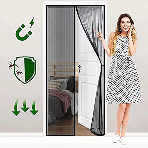 Fliegengitter Magnet für Fenstertüren, selbstschließender, atmungsaktiver Moskitonetzvorhang, Insekten-Moskitonetz für Balkon, Wohnzimmer, 220 x 205 cm (86 x 80 Zoll) Schwarz