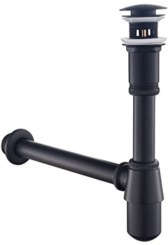 SET - Siphon mit Ablaufgarnitur mit Überlauf für Waschbecken Schwarz Matt - Keymark Universal Tassensiphon und Ablaufventil Bad - Messing Syphon Sifon Pop Up Abflussgarnitur Abfluss Waschtisch