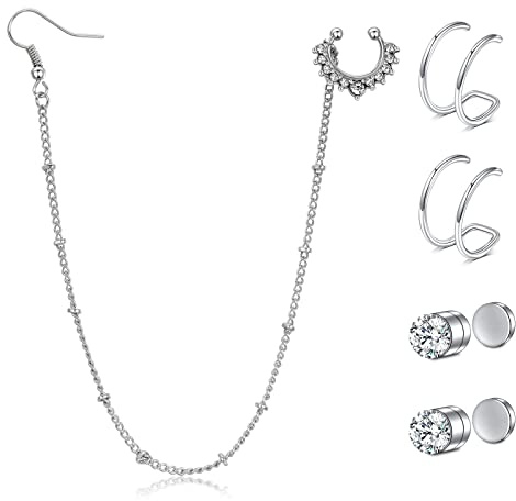 LAURITAMI Fake Nasenring Nasenpiercing Faux Septum Kette Halloween Diamant Stecker Edelstahl Fake Ohr Helix Cartilage Piercing