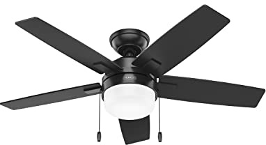Hunter 44 inch Indoor Ceiling Fan with LED Light - Black Ceiling Fan with Pull Chain, For Bedroom or Living Room, Standard Mount, No Remote, 5 Blades, Includes Bulbs - Anisten 52486, Matte Black