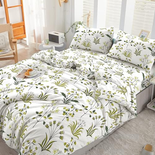 Cotton Comfort Bedding 3PCS Double Duvet Cover Set 100% Egyptian Cotton Bedding Double Bed Set 400 Thread Count Floral Printed Fern Green Duvet Cover Double with Pillow Cases 2 Pack