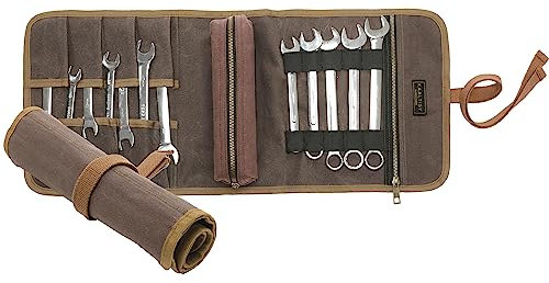 Werkzeugrolle | 16OZ Waxed Canvas Werkzeug Rolltasche, Mehrzweck-Schlüssel & Tool Ordnungstasche - 1 abnehmbare Werkzeugtasche & 7 Tool Slots & Canvas Tie Rope | Grey Werkzeugtasche Segeltuch