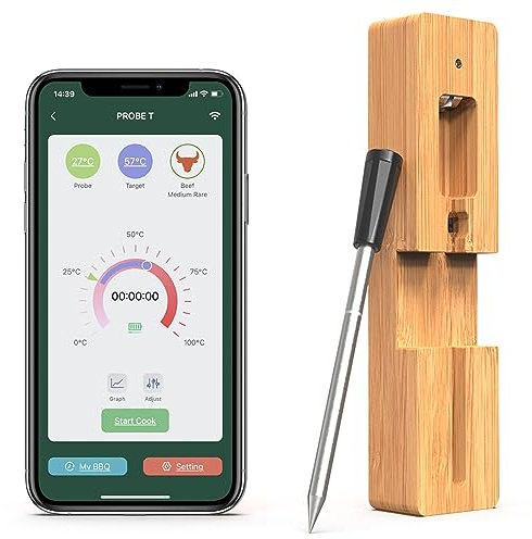Wireless Meat Thermometer,150ft Bluetooth Wireless Range,Smart App Control,Meat Probe with Smart Alert for BBQ Oven Smoker Rotisserie Silver