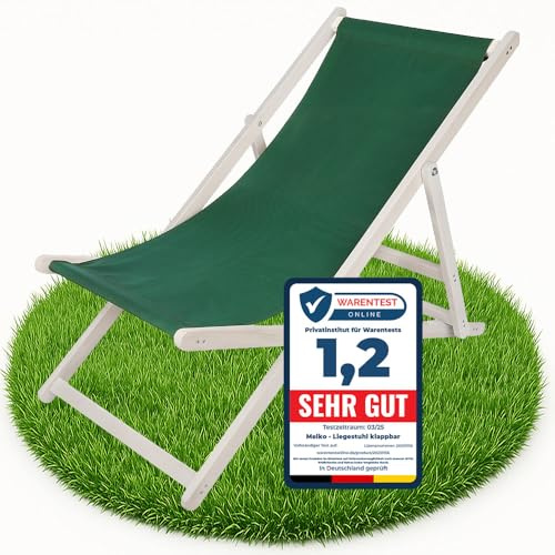 Melko Liegestuhl Strandstuhl klappbar 3-Fach verstellbar Holz Weiß Grün | Kiefernholz mit atmungsaktivem Polyesterbezug, bis 120 kg belastbar, nur ca. 3,5 kg leicht, Sicherung gegen Zusammenklappen