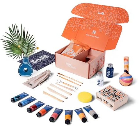 Sculpd Töpferei-Starter-Set – komplettes lufttrocknender Ton + Malanfänger-Set für 2 Erwachsene: Enthält Modellierwerkzeuge, Acrylfarbe, Pinsel, einfache Anleitung, Video-Tutorial und mehr – Geschenk