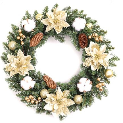 Türkranz für Weihnachten Adventskranz mit Tannenzapfen, Beeren und Zweigen Dekokranz Weihnachtsdeko Tischkranz Weihnachtskranz (Gold Ohne Licht,50cm)