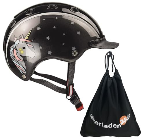 RL24 - Casco Kinder Reithelm Nori Einhorn inkl. Schutzbeutel – Mädchen & Jungen Reitkappe – Helm zum Reiten, Fahrrad- & Skifahren – Reiterhelm in Schwarz/Grau – Gr. S (52-56 cm)