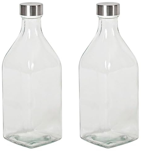 Tradineur - Pack de 2 botellas de vidrio cuadradas con tapón de acero, cierre de rosca, agua, leche, batidos, zumos, licuados de verduras, salsas, frigorífico - 1 litro