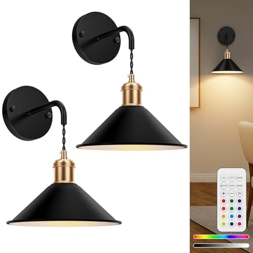 LABOREDUCER Wandleuchte Innen Außen Vintage 2 Stück Mit Fernbedienung, Schwarz Akku LED Dimmbar Kabellos für Wohnzimmer Schlafzimmer Flur Treppe Gärten Innenhöfe