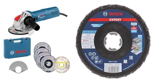 Bosch Professional GWX 750-125 - Amoladora angular (X-LOCK, Ø 125 mm, set 5 discos de corte, en L-Case) + Expert N475 SCM X-Lock - Disco de solapa (para acabado superficies metálicas, mediano)