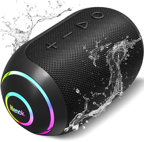 RIENOK Cassa Bluetooth Portatile Potente IPX7 Impermeabile Speaker Bluetooth 5.3, Vero Stereo Senza Fili, Luce LED, Supporto Scheda TF/AUX, Nero