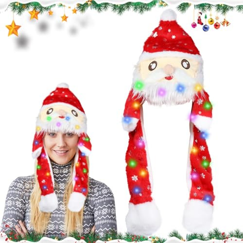 Seasboes Weihnachtsmütze, Weihnachtsmützen Plüsch, LED Weihnachtsmütze, Beweglicher Ohr-Kaninchen-Hut, Weihnachtsmann Plüsch Hut, Weihnachten Karneval Party Geschenk für Damen Mädchen Kinder