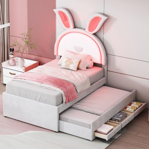 AUJDKDH Kinderbett Polsterbett 90 x 200 cm,Samtstoff Multifunktionales gepolstertes Einzelbett-Schlafsofa mit ausziehbarem Bett, Stauraumschublade und farbwechselndem LED-Licht (Beige)
