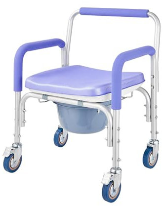 Sedia da Doccia Pieghevole con Rotelle,Sedia WC Comoda per Anziani Disabili,Sedia da Toilette Mobile con Freno e Vasino,Sgabello Bagno Doccia,Sedia da Comodo Impermeabile e Antiscivolo D