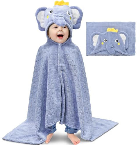 YTACREA Kapuzenhandtuch Baby, 65 * 135 cm Korallenvlies Babyhandtuch mit Kapuze, Weich Niedliches Baby Badetuch Handtuch Babybadetücher für Jungen Mädchen Neugeborene, Blau Elefant