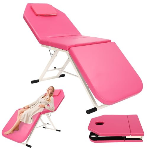 RUETERY Massageliege Klappbar, Tattoo Liege mit Kissen, Mobile Massageliege, Kosmetik Liege, Massage Bed, Tragfähigkeit 200-250 kg, Schönheitsbett für SPA, Tattoos, Massagen, 180 x 60 x 60cm, Rosa