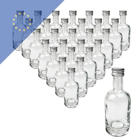 24 Stk. Schnapsflaschen 50 ml mit silbernem Schraubverschluss PP18 – Kleine Glasflaschen für Likör, Schnaps, Spirituosen & Gastgeschenke – Runde Mini-Fläschchen aus Glas für Hochzeit, Party & Proben