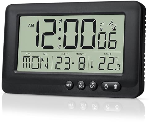 Orologio Digitale Sveglia Radiocontrollata con Visualizzazione Temperatura, Data, Due Orari Allarme, Funzione Ripetizione, Nero
