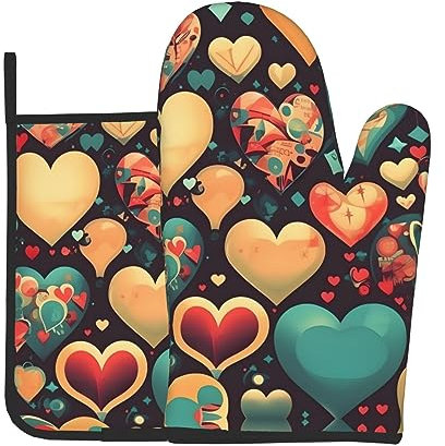 WZYWHJ Set di guanti da forno e presine con cuori colorati per cucinare, forno a microonde, grigliate – resistenti al calore con cordino